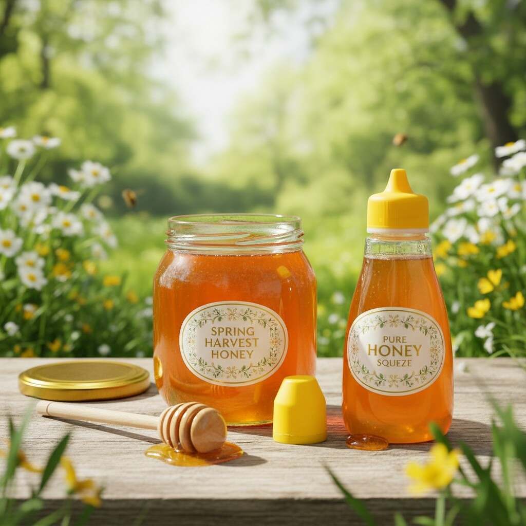 Honungsburkar i glas och plastf&ouml;rpackningar