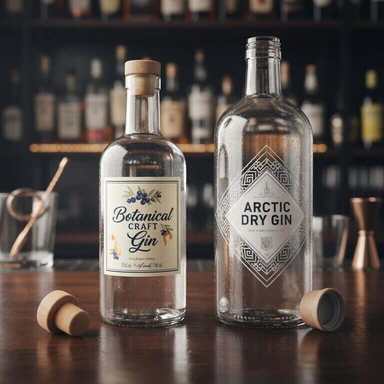 Glasflaskor spritflaskor med Gin etikett 350 ml vikt 450 gram och 420 gram