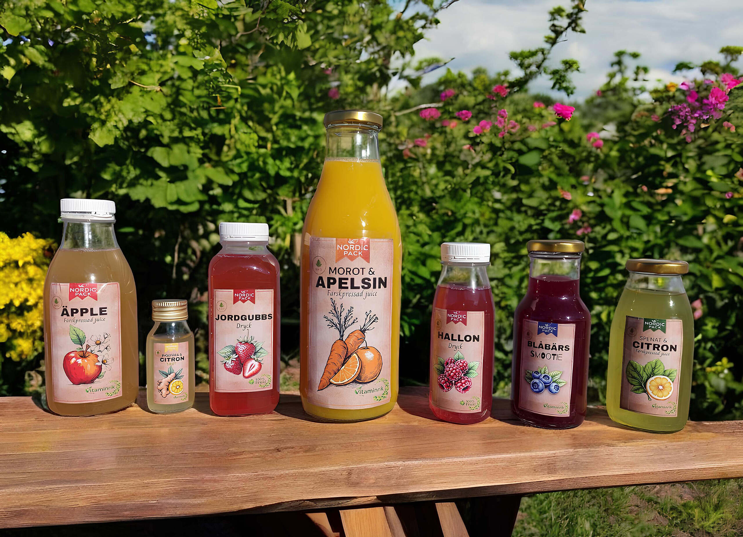 Glas och plastflaskor till juice, smoothies och shots
