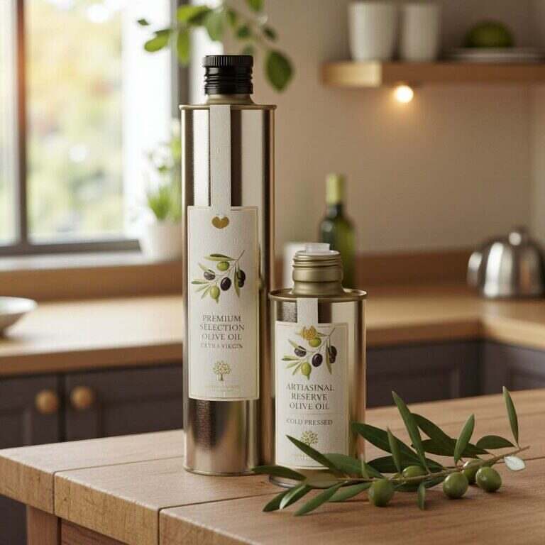 Oljeflaskor i metall med etikett