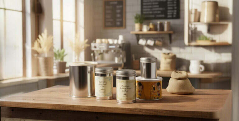 Kaffe och teburkar i metall med tryck och etikett